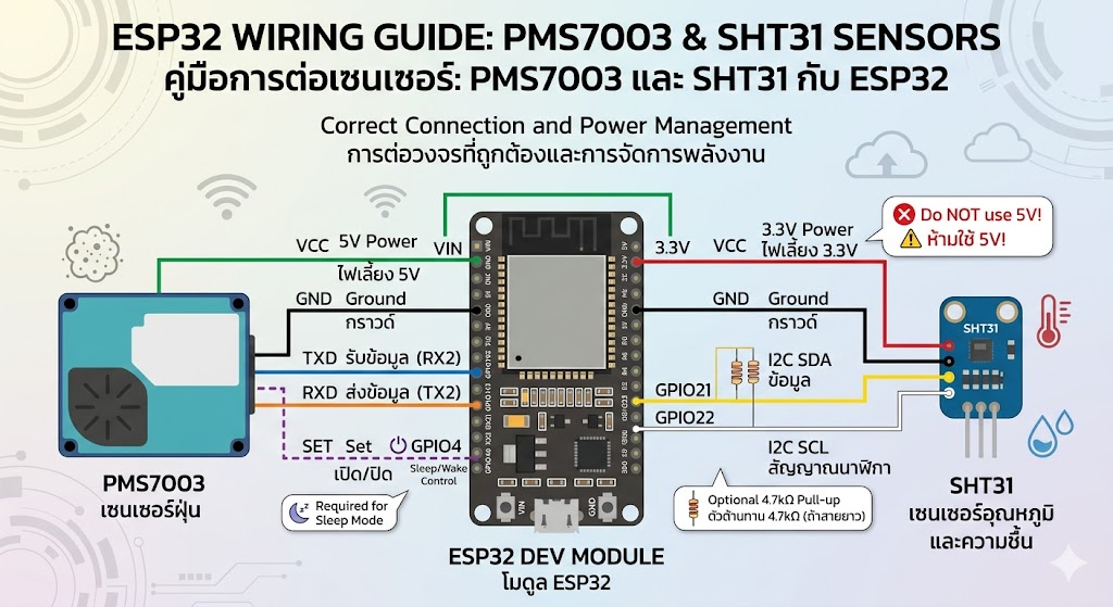 การต่อ PMS7003 และ SHT31 กับ ESP32 ให้เสถียรและแม่นยำ